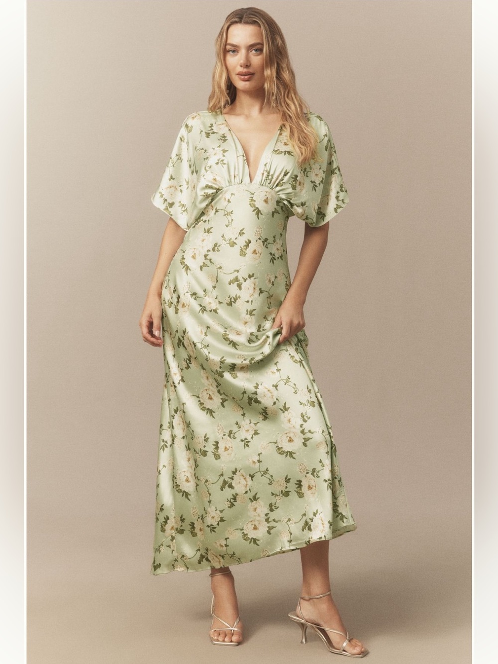 NWT: BHLDN Amelia deep v flutter sleeve satin a line gown. Anthropologie dress